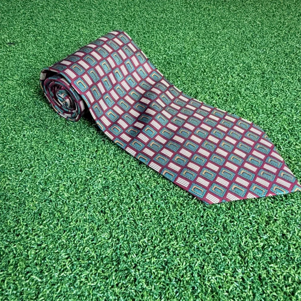 Oscar de la Renta Mens Silk Necktie Burgundy Teal‎ Geometric Couture Collection